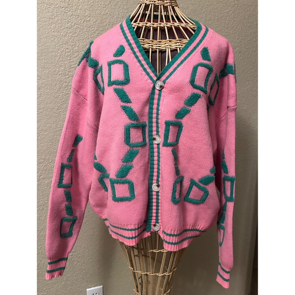 Pink Green Geometric Textured Knit Button Front Cardigan Sweater XXL unique Art‎